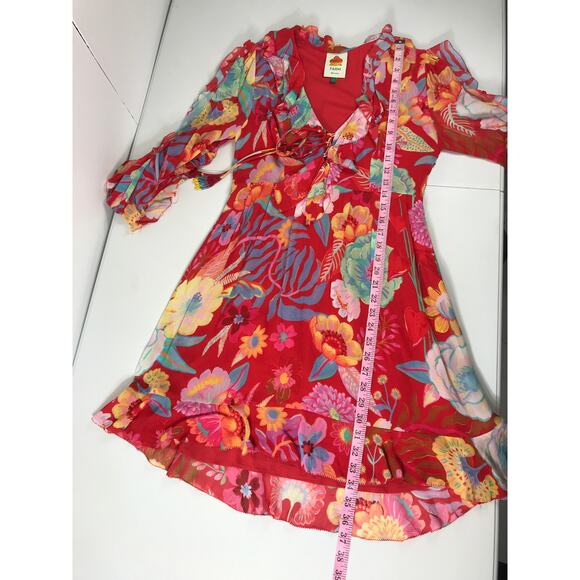 Farm Rio Red Floral Ruffle Flowy Short Dress Boho Hippie Vacation Indie Beaded - Picture 13 of 14